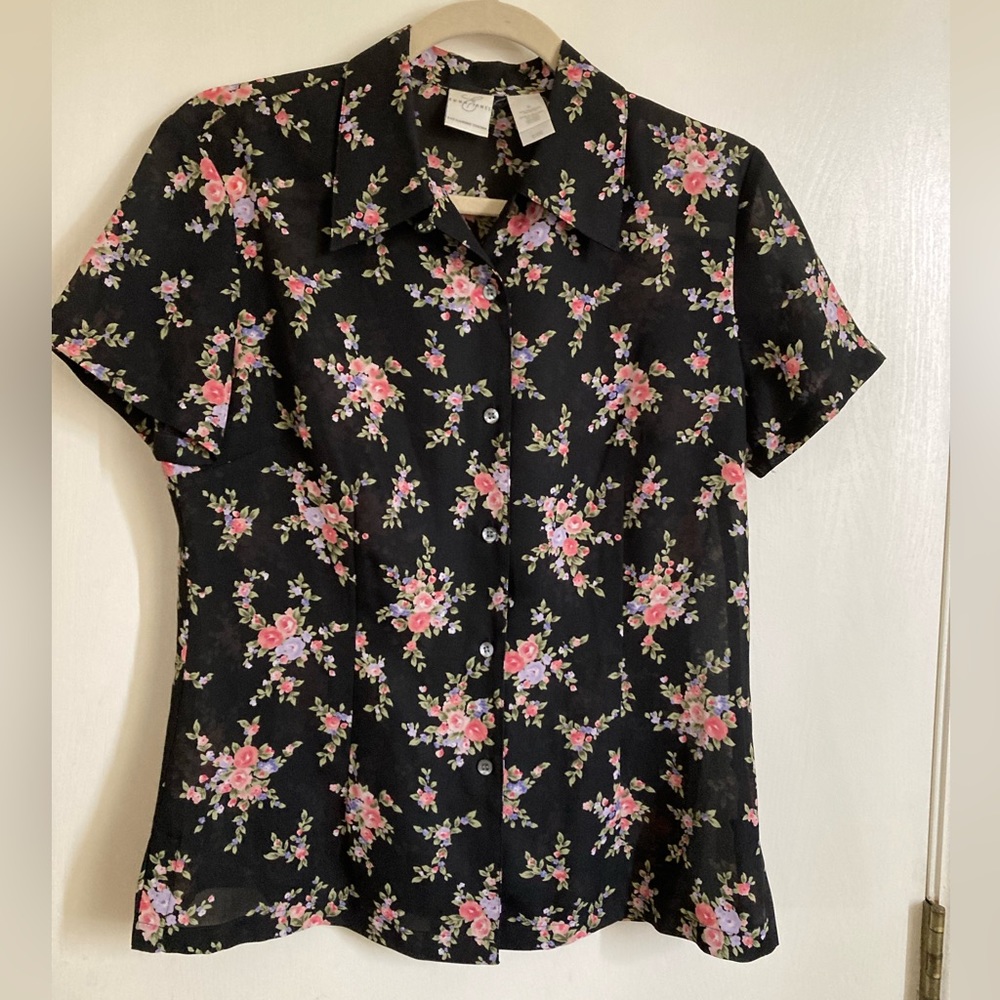 *Emma James Black Floral Button Up Semi Sheer Size 6 Short Sleeve Blouse #Gy